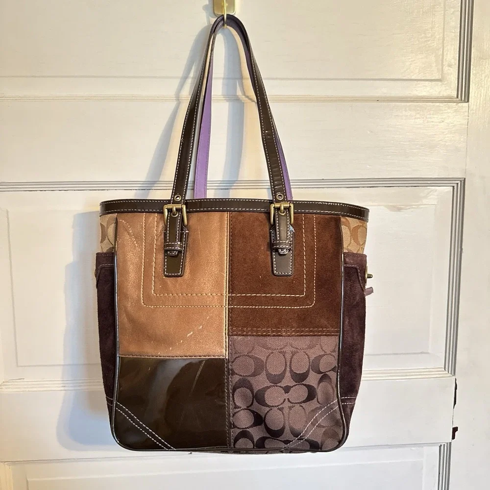 Coach Mixed‎ Media Brown Gold Medium Sized Tote Bag-Patchwork-Y2K-Vintage